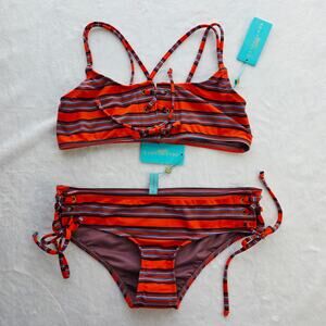 New BeachCandy Designer Bikini Set Striped Orange Lace-Up Tie Side Luxury Resort